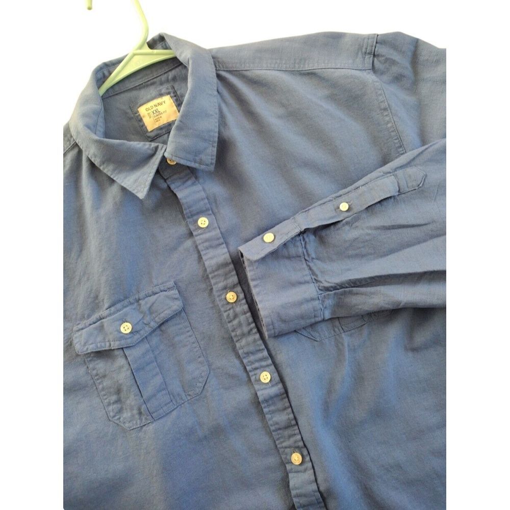 Old Navy Men Button Up Shirt Men Blue Plaid Linen Blend Size 2XL Long Sleeves